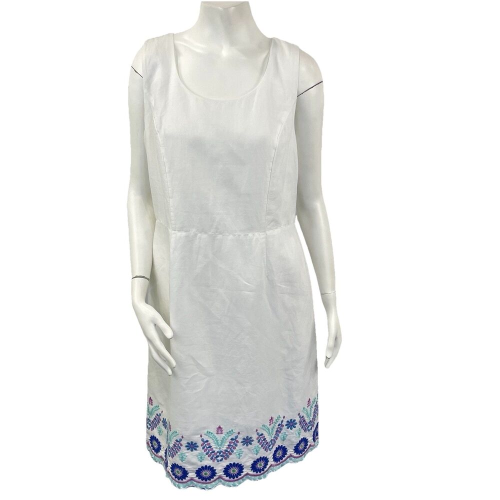 Talbots Linen Blend Embroidered White Shift Dress 6 Resort Summer Office Modest